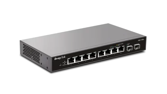 VigorSwitch PQ1100x commutateur Smart WEB idéal pour les entreprises. Doté de 8 ports PoE+ 2,5 GbE et de 2 ports SFP+ 10G